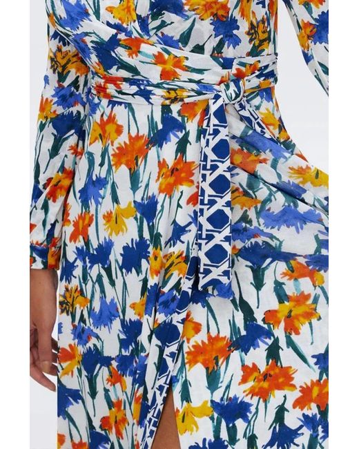 Diane von Furstenberg Blue Statement Wrap Dress With Floral Print And Tie Det
