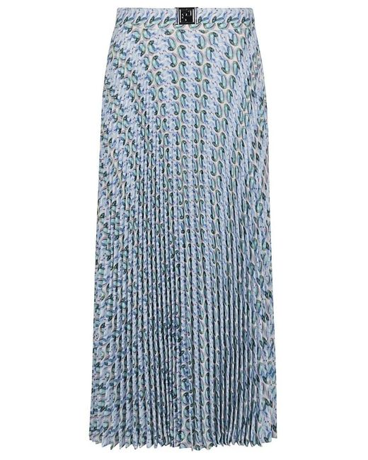 Tory Burch Blue Midi-Length Pleated Skirt With Woven Belt And Mura