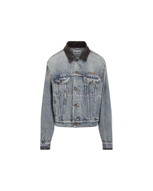 Miu Miu Gray Cropped Denim Jacket With Distressed Finish