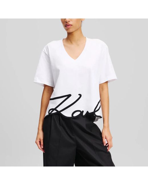 Karl Lagerfeld White Signature T-Shirt Mit V-Ausschnitt