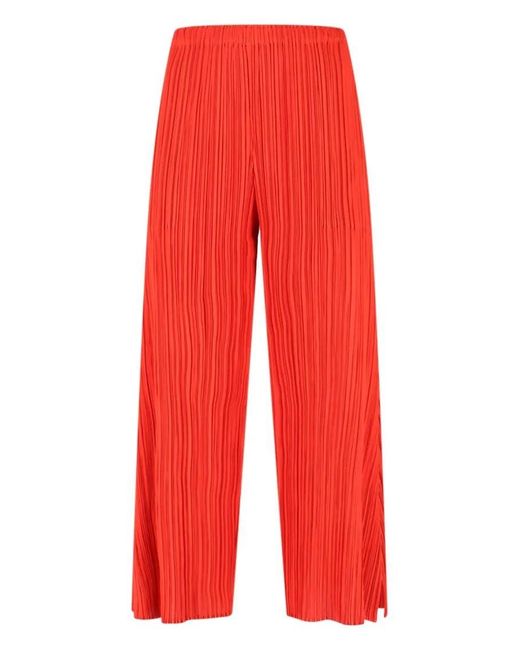 Pleats Please Issey Miyake Red Wide-Leg Cropped Trousers With Distinctive Pleated