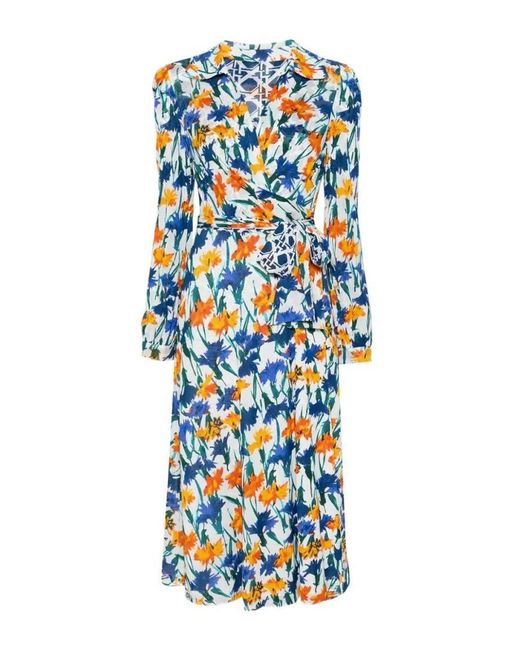 Diane von Furstenberg Blue Statement Wrap Dress With Floral Print And Tie Det