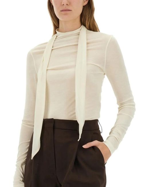 Lemaire White Long-Sleeved Top With Semi-Sheer Texture And Drape
