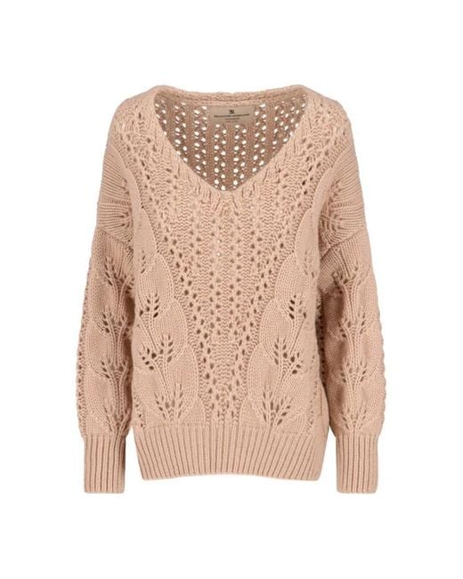 Ermanno Scervino Natural Cashmere Sweater With Openwork Floral Design And V