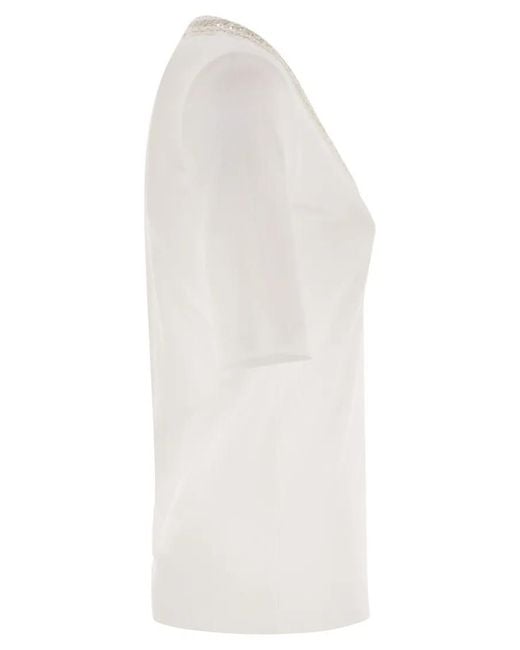 Fabiana Filippi White Ribbed Jersey T-Shirt With Contrasting Knit Collar