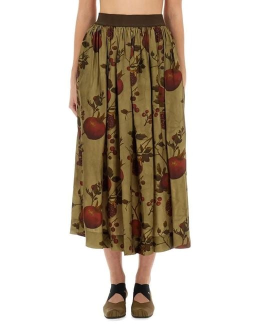 Uma Wang Natural "Gilliant" Midi Skirt With Pomegranate Print