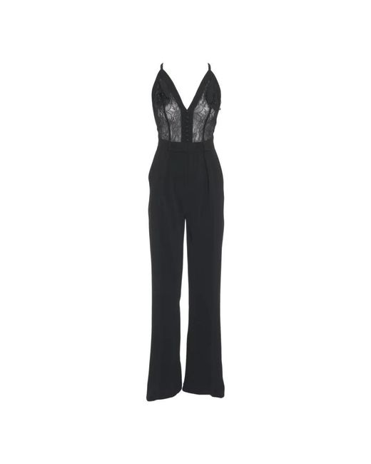 Elisabetta Franchi Black Wide-Leg Crêpe Jumpsuit With Lace Inserts And Pea
