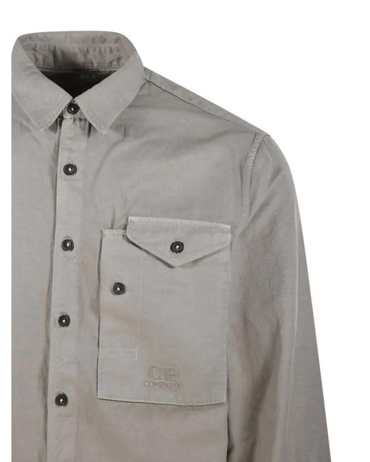 C P Company Button-Up Logo Shirt With Structured Collar in Gray für Herren