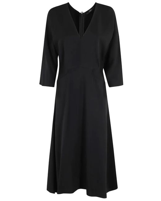 Seventy Black Flared Midi Dress With V-Neckline And Kimono Sleev