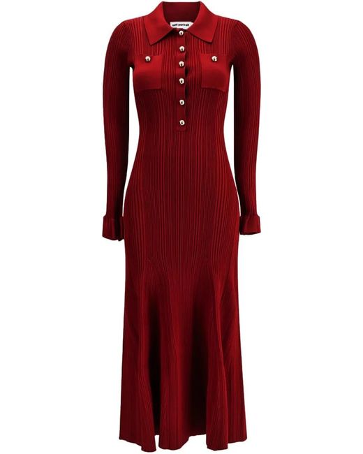 Self-Portrait Damen Burgundy Ribbed Knit Midi Dress in rot