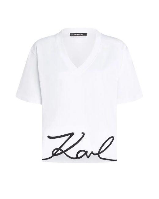 Karl Lagerfeld White Signature T-Shirt Mit V-Ausschnitt