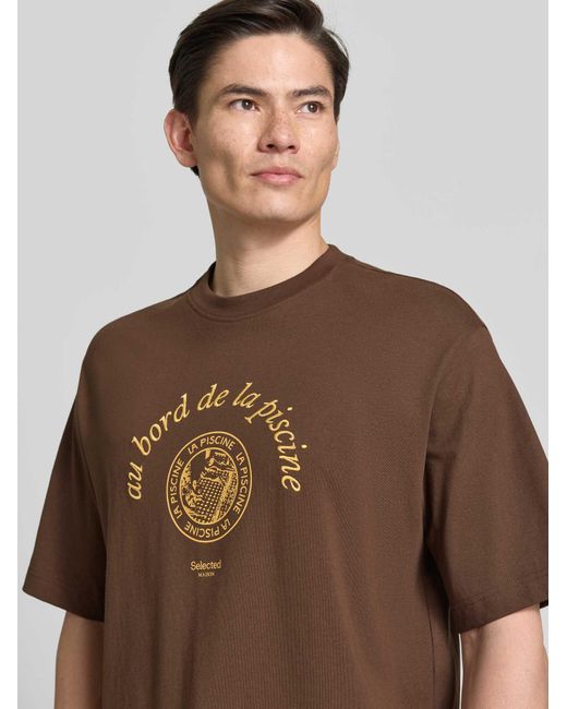 SELECTED Relaxed Fit T-Shirt Van Puur Katoen Model 'Boxynorman Graphic' in het Brown voor heren