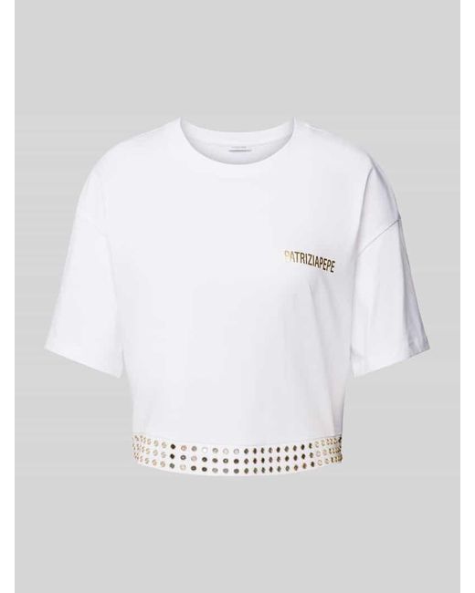 Patrizia Pepe White Cropped T-Shirt Mit Label-Print Und Nieten