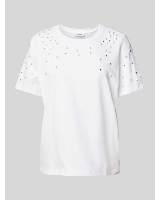 S.oliver Relaxed Fit T-shirt Van Puur Katoen Met Sierparels in het White