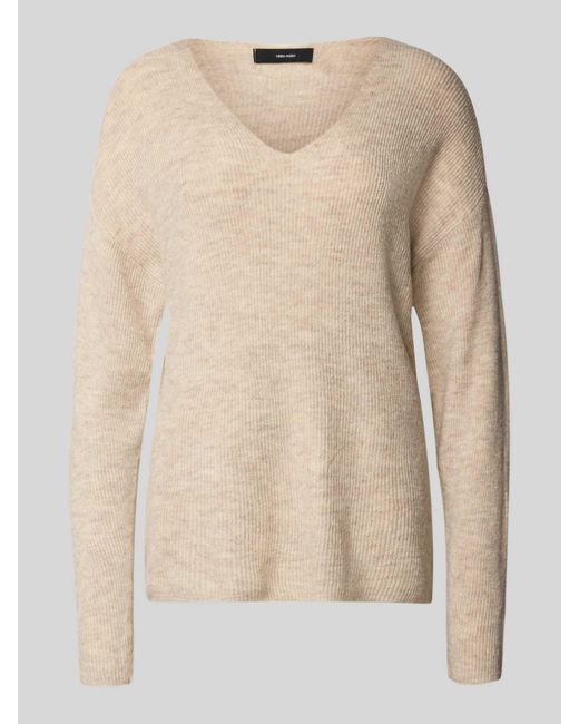 Vero Moda Regular Fit Gebreide Pullover Met V-Hals, Model 'Crewlefile' in het Natural