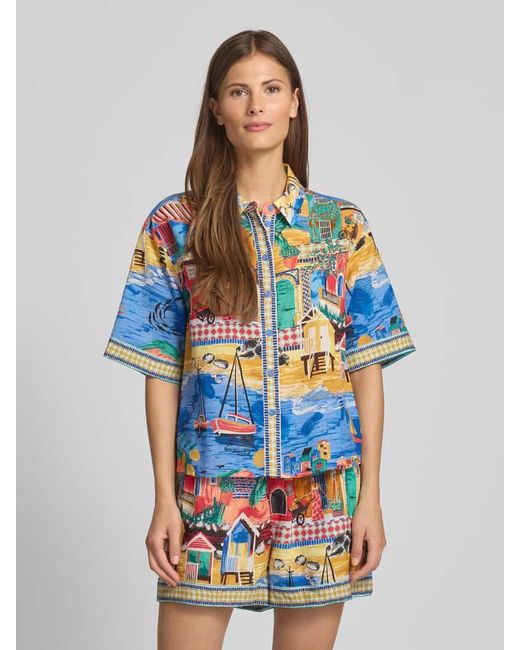 Shiwi Blue Bluse aus Viskose-Leinen-Mix im Allover-Look Modell 'Emily'