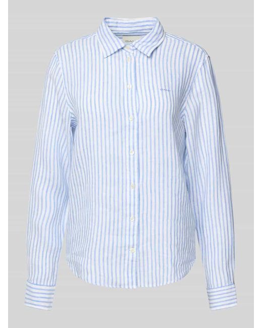 Gant Blue Regular Fit Leinenhemdbluse mit Logo-Stitching