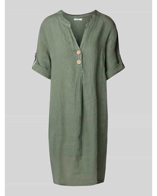 ZABAIONE Green Knielanges Leinenkleid mit V-Ausschnitt