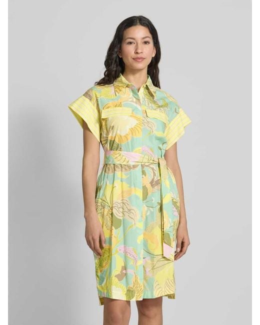Marc Cain Yellow Knielanges Hemdblusenkleid aus Leinen-Mix mit Bindegürtel