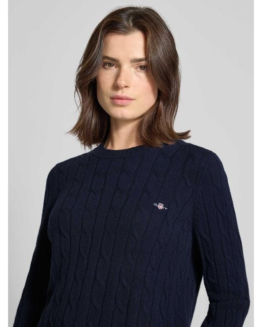 Gant Gebreide Pullover Met Kabelpatroon En Labelstitching in het Blue