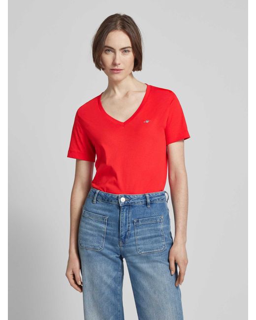 Gant Red T-Shirt mit V-Ausschnitt