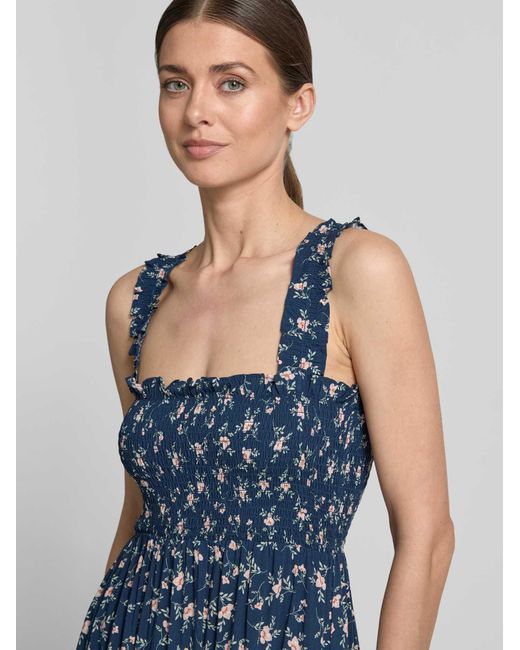 Apricot Midi-Jurk Met Ruches En Vierkante Hals in het Blue