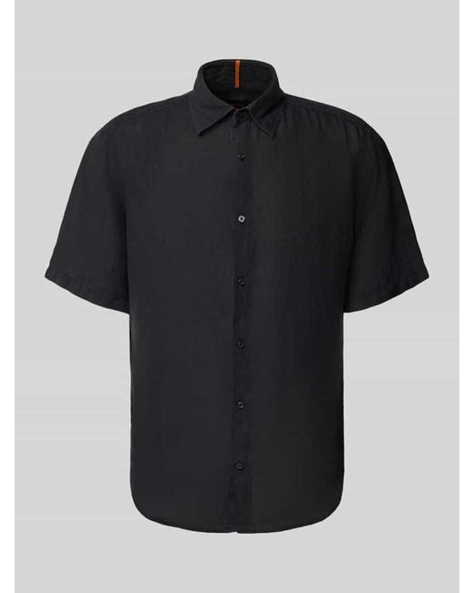 Boss Regular Fit Leinenhemd mit 1/2-Arm Modell 'Rash' in Black für Herren
