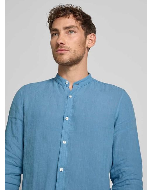 Boss Regular Fit Leinenhemd mit Stehkragen Modell 'Race' in Blue für Herren