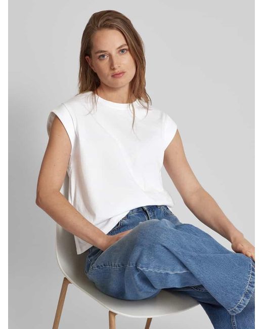 Mango White T-Shirt mit geripptem Rundhalsausschnitt Modell 'VIRI'