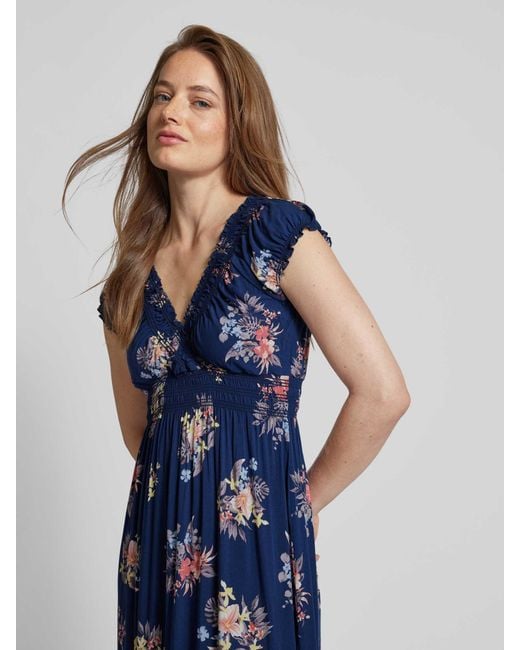 Apricot Midi-jurk Van Viscose Met Bloemenmotief in het Blue