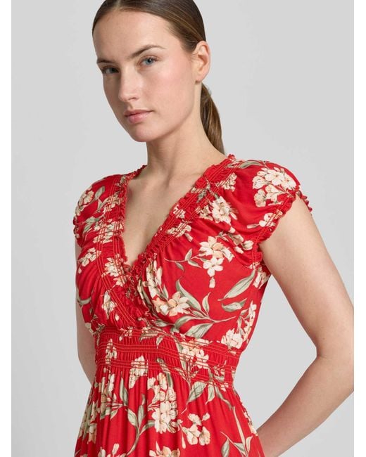 Apricot Maxi-Jurk Van Viscose Met V-Hals En Smokdetails in het Red