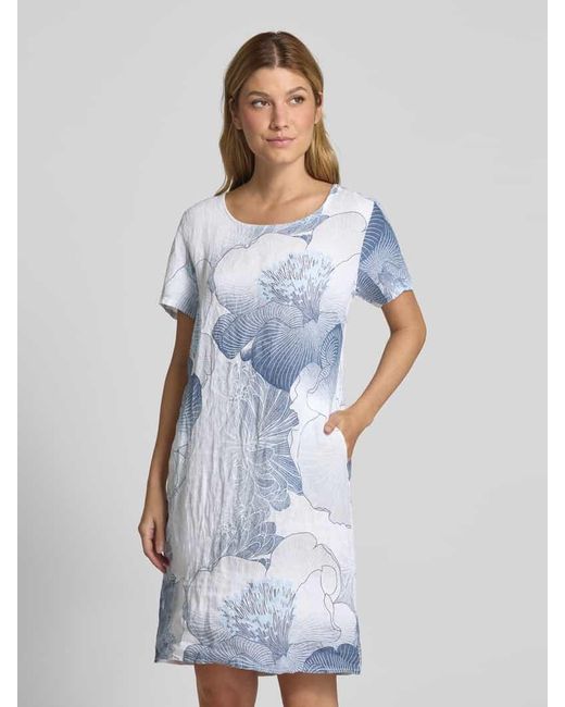 ZABAIONE Blue Tailliertes Knielanges Kleid aus Leinen-Baumwoll-Mix