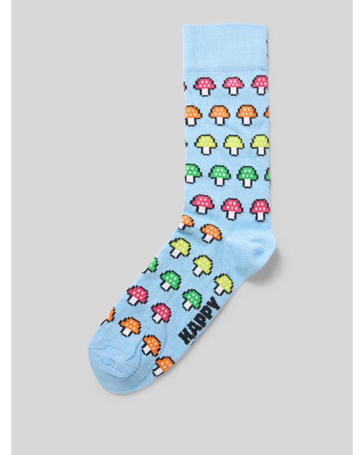 Happy Socks Sokken Met Motiefstitching, Model 'Mushroom Stripe' in het Blue voor heren