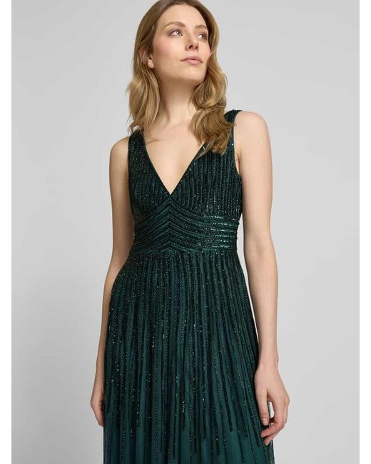 LACE & BEADS Green Abendkleid Mit Tiefem V-Ausschnitt