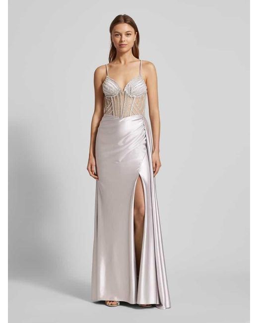 Luxuar White Abendkleid mit Strasssteinbesatz