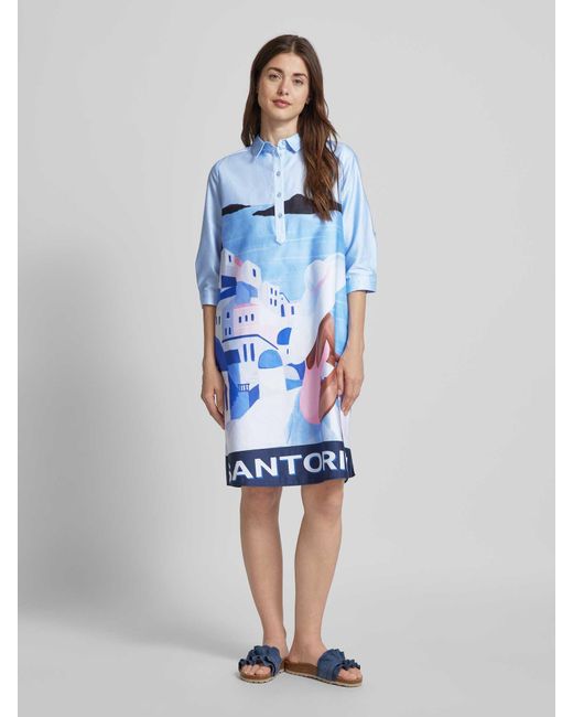 Milano Italy Blue Knielanges Kleid mit Allover-Print