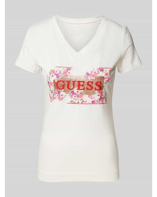 Guess White T-Shirt mit floralem Muster und Label-Print