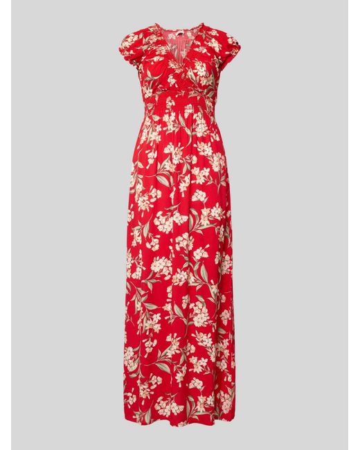 Apricot Maxi-Jurk Van Viscose Met V-Hals En Smokdetails in het Red