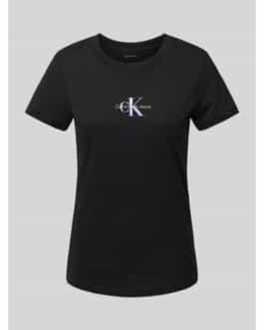 Calvin Klein T-shirt Met Labelprint En Geribde Ronde Hals in het Black
