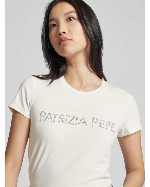 Patrizia Pepe Natural T-Shirt mit Strasssteinbesatz Modell 'MAGLIA'