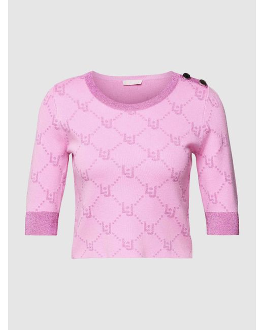 Liu Jo Pink Cropped Strickpullover mit Allover-Label-Muster