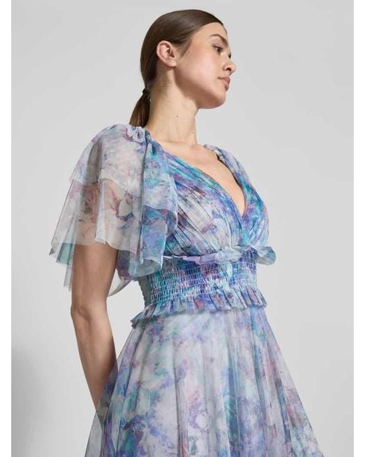 LACE & BEADS Blue Knielanges Cocktailkleid mit V-Ausschnitt