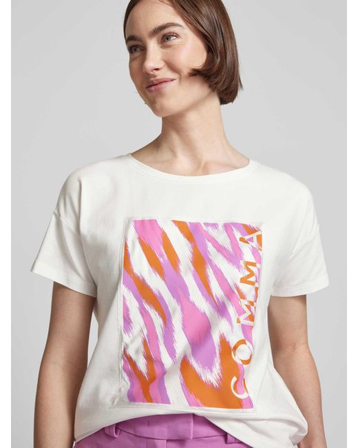 Comma, T-shirt Met Labelprint in het White