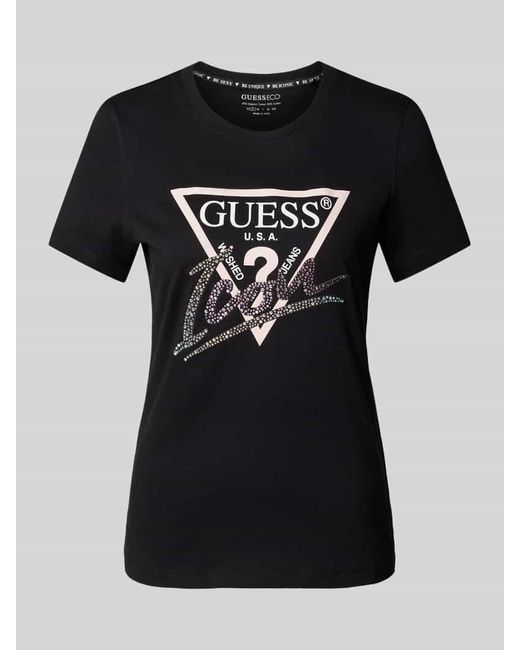 Guess Black T-Shirt mit Label-Print und Ziersteinbesatz