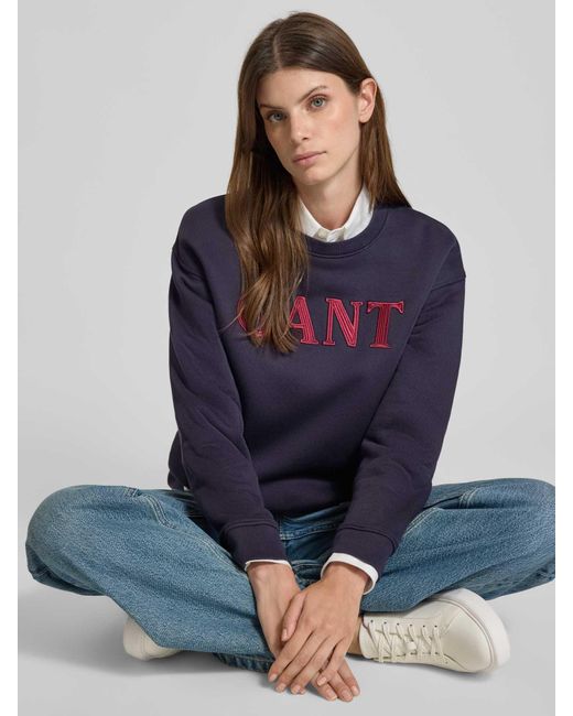 Gant Sweatshirt Met Ronde Hals En Labelstitching in het Blue