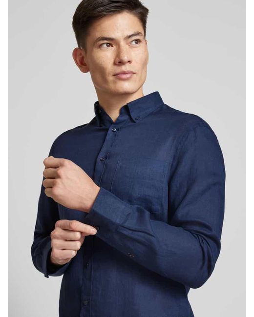 Christian Berg Men Regular Fit Leinenhemd Mit Button-Down-Kragen in Blue für Herren
