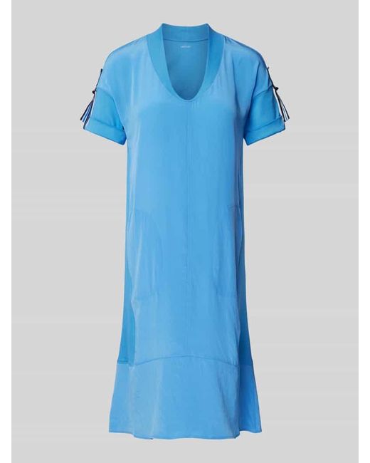 Marc Cain Blue Knielanges Kleid in unifarbenem Design mit V-Ausschnitt