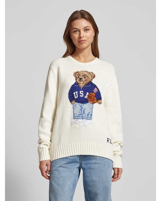 Polo Ralph Lauren White Strickpullover mit Polo Bear Motiv Modell 'BBALL'