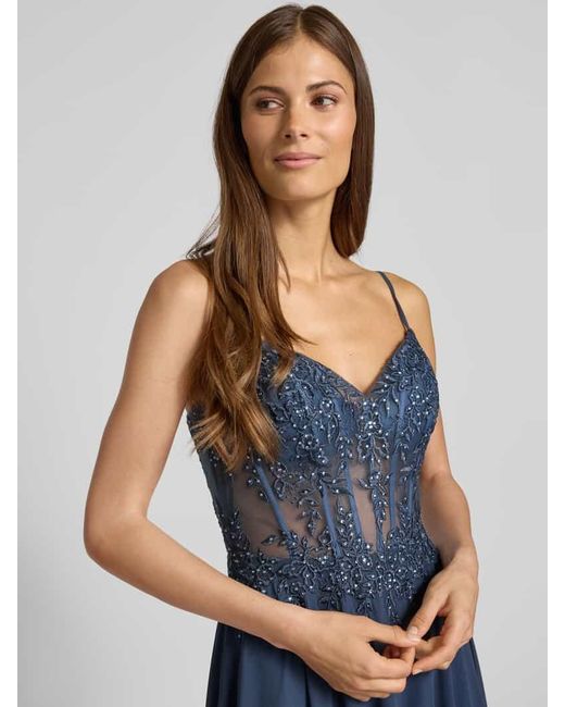 Luxuar Blue Abendkleid mit Ziersteinbesatz