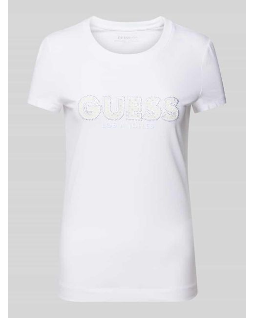 Guess White T-Shirt mit Label-Stitching und Ziersteinbesatz